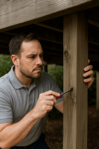 Certified Termite Inspector Meriden CT examining exterior wood framing