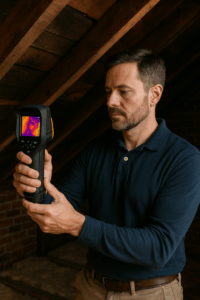Home inspector using a thermal camera to check for moisture in a historic Hartford attic.