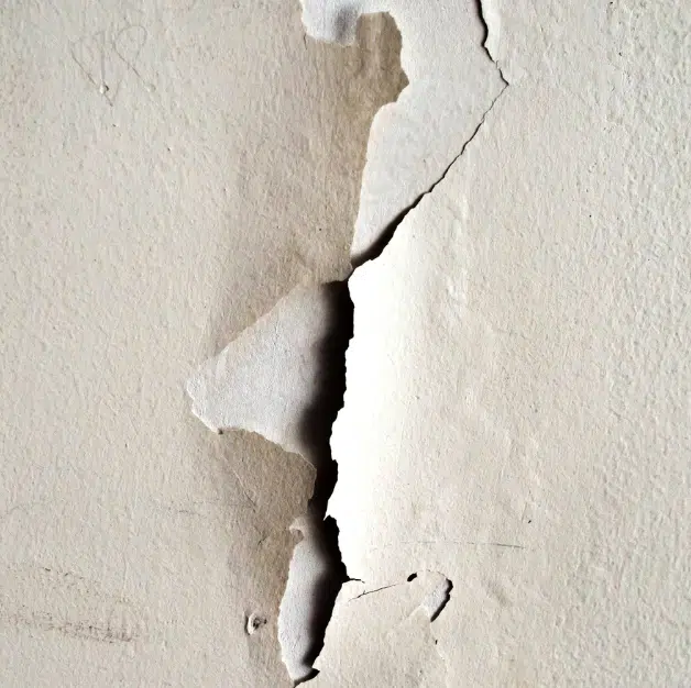 Close-up of a wall with peeling paint and visible cracks.