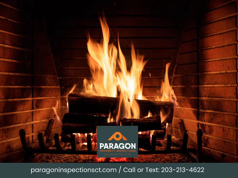 Fireplace burning wood in a home, highlighting the importance of a home inspection for heating systems.