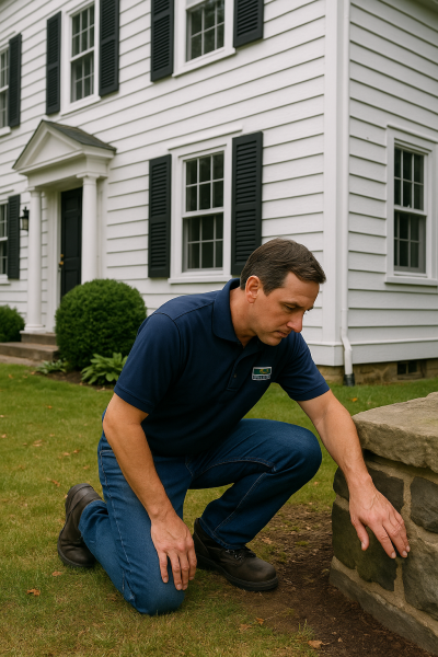 Certified home inspector in Meriden CT inspecting a colonial home foundation. Certified home inspector in Meriden CT inspecting a colonial home foundation.